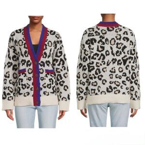 VIGOSS Women's SMALL Leopard Button Front Cardigan Neutral Pockets Ribbed Hem